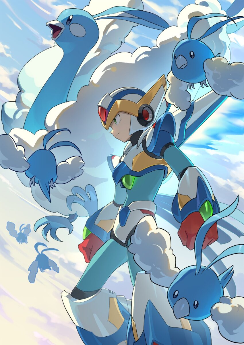 1boy altaria android armor clenched_hands crossover dragon falcon_armor_x_(mega_man) forehead_jewel from_side gen_3_pokemon green_eyes group_picture helmet highres male_focus mechanical_wings mega_man_(series) mega_man_x_(series) nintendo pokemon pokemon_(creature) swablu u_wstr white_armor white_helmet wings x_(mega_man)