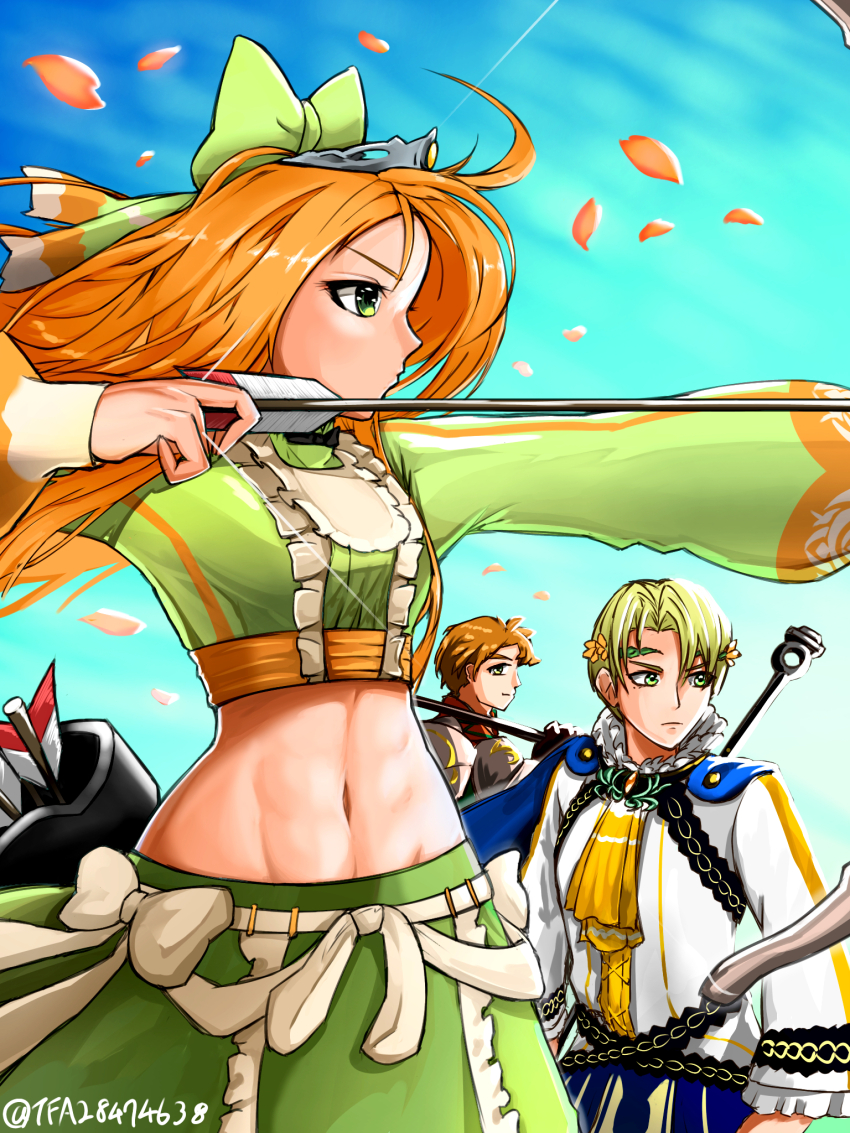 1girl 2boys abs aiming alfred_(fire_emblem) arrow_(projectile) ascot black_bow black_bowtie blue_cape boucheron_(fire_emblem) bow bow_(weapon) bowtie cape circlet crop_top etie_(fire_emblem) fire_emblem fire_emblem_engage gem green_bow green_eyes green_shirt green_skirt highres holding holding_arrow holding_bow_(weapon) holding_weapon multiple_boys nintendo orange_gemstone orange_hair prince shirt skirt swept_bangs t_hei_(user_uxky7438) tiara weapon yellow_ascot