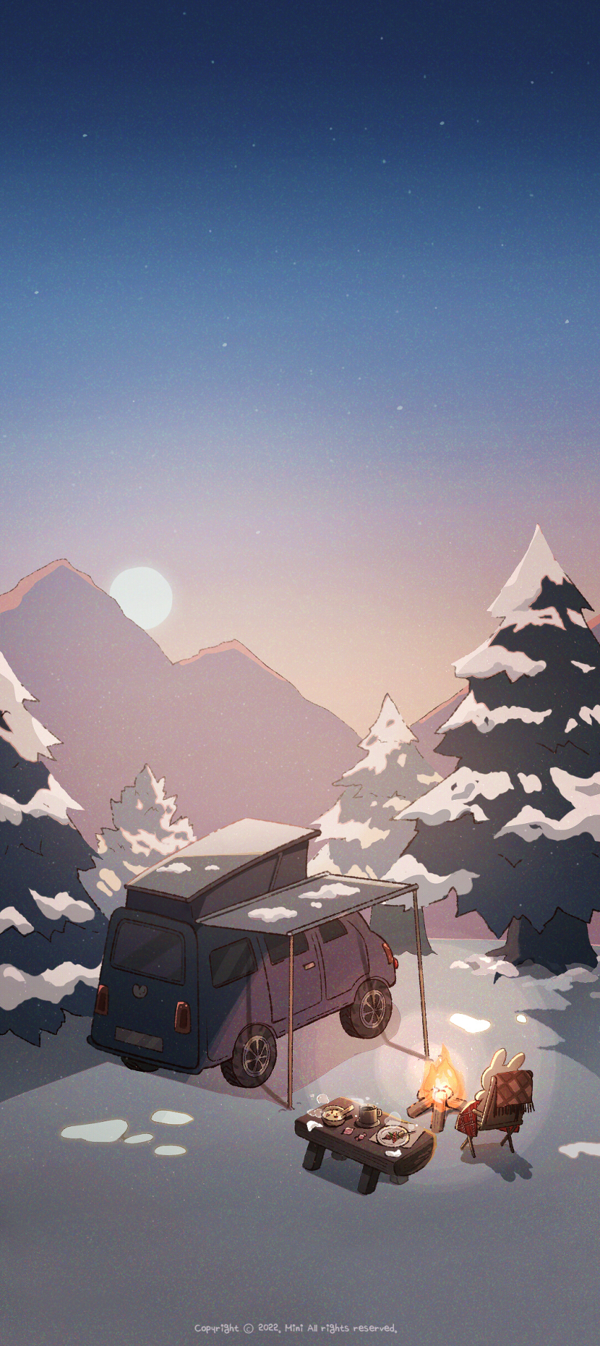 absurdres animal blanket campfire car chair danby_merong fire food fringe_trim highres motor_vehicle mountain no_humans on_chair original outdoors pine_tree plaid plate rabbit scenery sitting sky snow star_(sky) starry_sky steam sun sunrise table tree