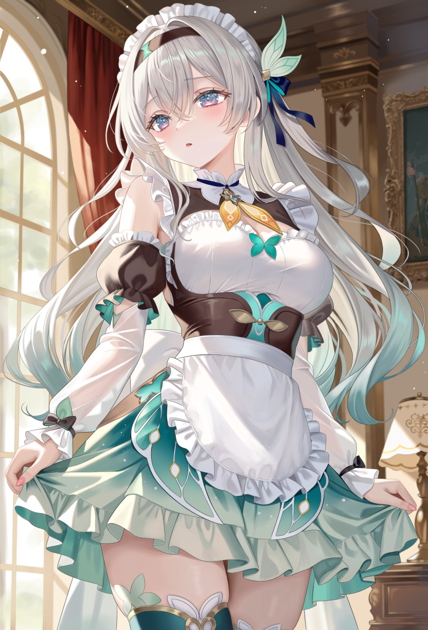 1girl adapted_costume alternate_costume apron armpit_crease black_bow blue_eyes bow breasts commentary cowboy_shot detached_sleeves enmaided firefly_(honkai:_star_rail) gradient_hair green_hair green_skirt grey_hair hair_between_eyes hair_bow highres honkai:_star_rail honkai_(series) koya_(koyacocoa) light_blush long_hair looking_to_the_side maid medium_breasts multicolored_hair parted_lips skirt solo thighs waist_apron