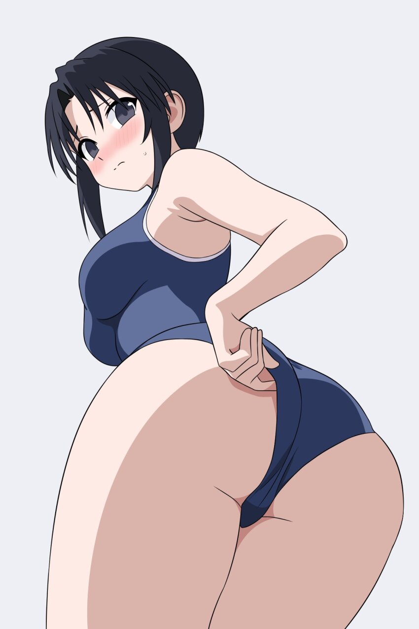 1girl 64vii ass azumanga_daiou black_hair blue_one-piece_swimsuit blush breasts closed_mouth female_focus from_behind highres kurosawa_minamo looking_at_viewer looking_back one-piece_swimsuit short_hair sidelocks solo swimsuit