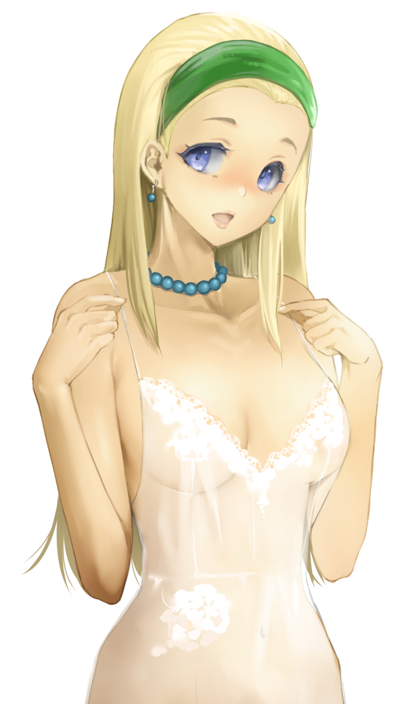 1girl 27-nichi alternate_costume aqua_gemstone bead_necklace beads blonde_hair breasts camisole collarbone commentary_request dragon_quest dragon_quest_xi earrings green_hairband hair_pulled_back hairband highres jewelry light_areolae long_hair looking_to_the_side medium_breasts navel necklace purple_eyes see-through_clothes senya_(dq11) solo sphere_earrings underboob upper_body white_background white_camisole