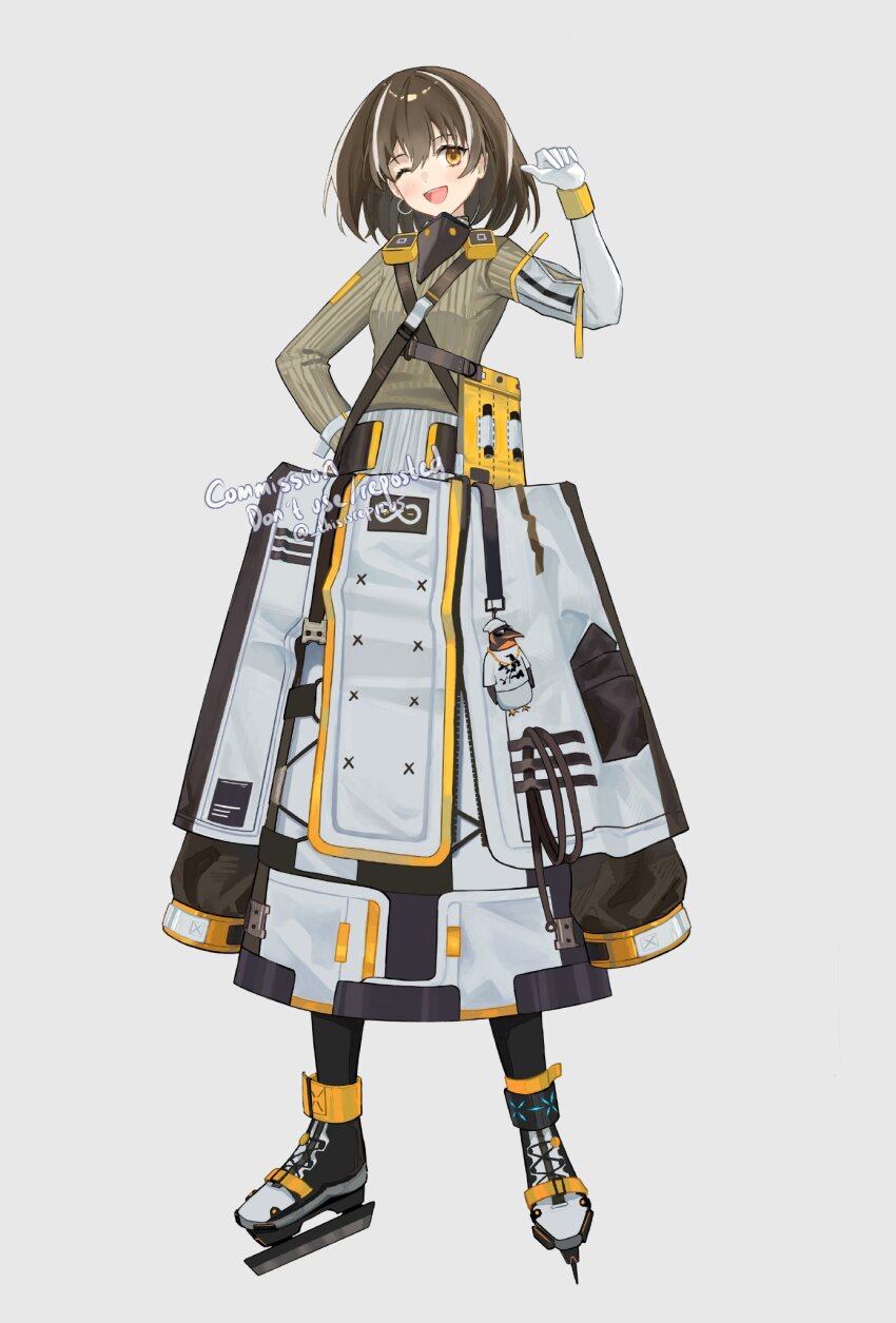 1girl ;d arknights asymmetrical_sleeves black_pantyhose blush brown_hair charm_(object) coat coat_around_waist commission earrings emperor_(arknights) full_body gloves grey_background grey_sweater hair_between_eyes highres infection_monitor_(arknights) jewelry long_sleeves magallan_(arknights) mismatched_sleeves multicolored_hair one_eye_closed open_mouth pantyhose pointing pointing_at_self rep120105 rhine_lab_logo ribbed_sweater roller_skates short_hair simple_background single_earring skates smile solo standing streaked_hair sweater twitter_username watermark white_coat white_gloves white_hair white_sleeves yellow_eyes