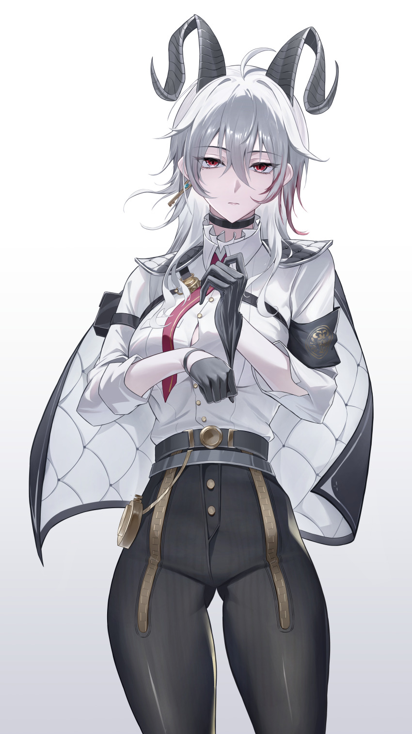 1girl absurdres adjusting_clothes adjusting_gloves arm_pouch armband black_armband black_choker black_gloves black_horns black_jacket black_pants black_pouch button_gap chest_harness choker closed_mouth collared_shirt commentary cowboy_shot curled_horns gloves gluteal_fold gradient_background hair_between_eyes hanapoko harness high-waist_pants highres horns jacket jacket_on_shoulders jewelry key key_necklace long_hair looking_at_viewer multicolored_hair necklace necktie pants red_eyes red_necktie shirt shirt_tucked_in simple_background solo streaked_hair tight_clothes tight_pants white_background white_shirt wuthering_waves zani_(wuthering_waves)
