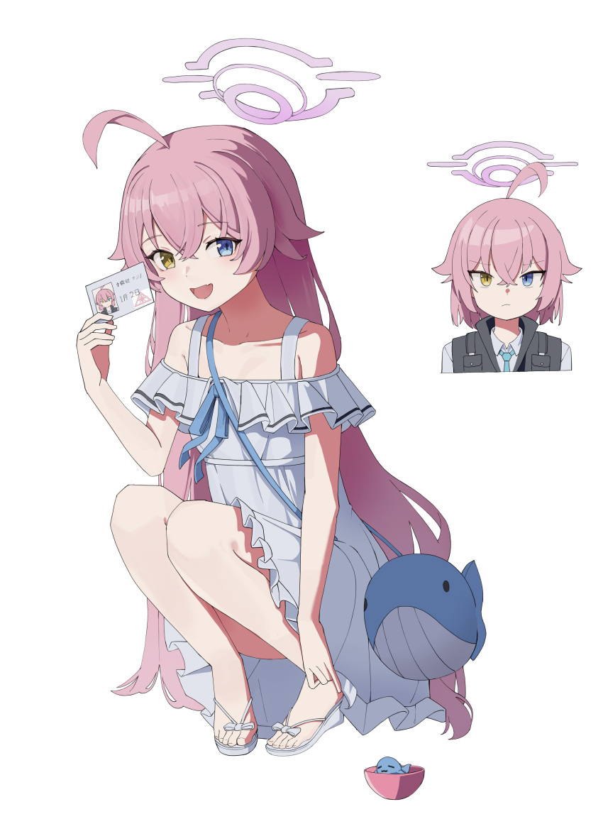 1girl :d absurdres ahoge bag black_vest blue_archive blue_eyes blue_necktie blush card collarbone collared_shirt commentary crossed_bangs dress fang flip-flops frilled_dress frills hair_between_eyes halo hand_up highres holding holding_card hoshino_(blue_archive) hoshino_(first_year)_(blue_archive) hoshino_(young)_(blue_archive) id_card inset long_hair looking_at_viewer mahou_gnome necktie off-shoulder_dress off_shoulder open_mouth pink_hair pink_halo sandals shirt short_hair shoulder_bag simple_background skin_fang smile solo squatting very_long_hair vest whale white_background white_dress white_shirt yellow_eyes