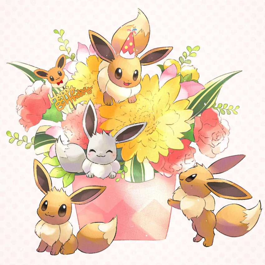 alternate_color brown_eyes closed_eyes closed_mouth eevee flower gen_1_pokemon happy happy_birthday hat highres nintendo no_humans party_hat pink_flower pokemon pokemon_(creature) red_flower shiny_and_normal shiny_pokemon smile toneko yellow_flower