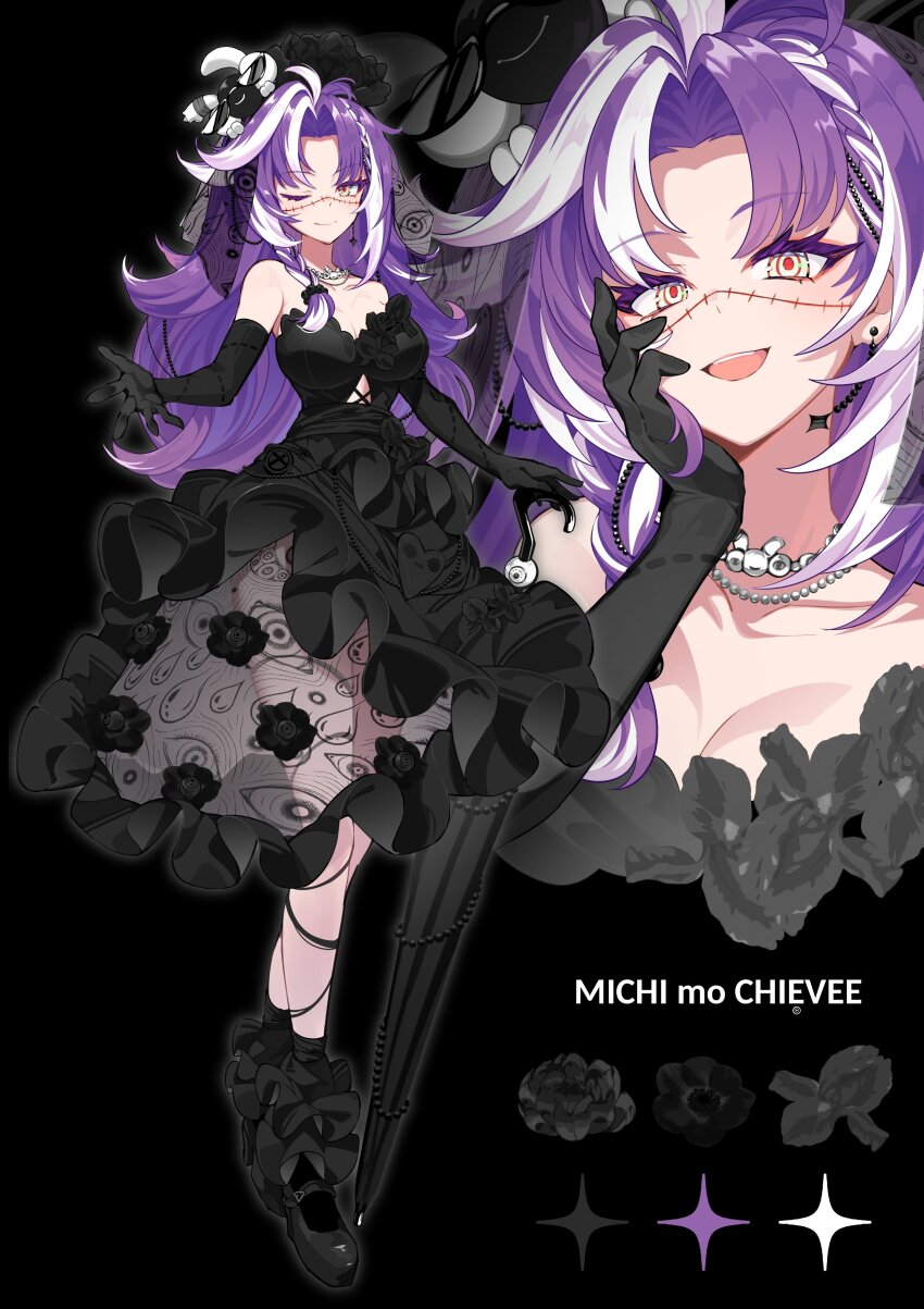 1girl absurdres ahoge akagi_(sk0127aho) alternate_costume armpit_crease bare_shoulders black_background black_dress black_flower black_gloves black_shoes braid braided_ponytail breasts collarbone commentary dress earrings elbow_gloves english_commentary flower full_body gloves hand_on_own_face highres indie_virtual_youtuber jared_(michi_mochievee) jewelry large_breasts long_hair looking_at_viewer michi_mochievee necklace offering_hand one_eye_closed open_mouth pearl_necklace projected_inset red_pupils see-through_clothes see-through_dress shoes smile solo stitched_face stitches strapless strapless_dress umbrella upper_body veil virtual_youtuber white_streaks yellow_eye