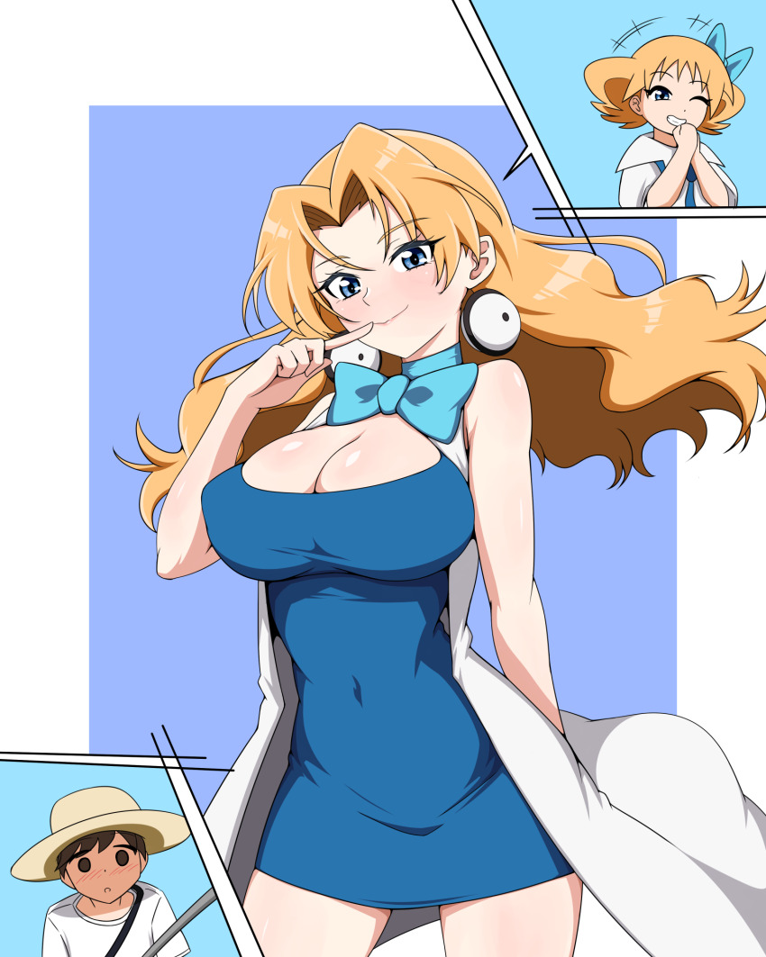 1boy ^^^ blonde_hair blue_dress bow bowtie breasts cleavage closed_mouth commentary_request commission covered_navel dress eyelashes floating_hair hand_up hands_up hat highres led_(pixiv190491) long_hair molly_hale multiple_views nintendo pixiv_commission pokemon pokemon_(anime) pokemon_(classic_anime) pokemon_3:_the_movie_-_spell_of_the_unown:_entei shirt short_dress strap sweatdrop t-shirt white_shirt