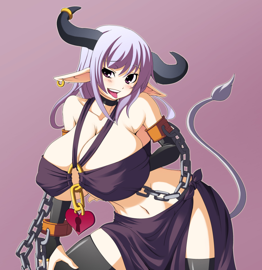 1girl absurdres bandeau bare_shoulders bent_over black_thighhighs breasts chain cow_tail curvy elbow_gloves female_focus gigantic_breasts gloves heart_lock highres horns huge_breasts kokuyouseki lap lock long_hair looking_at_viewer navel nipples open_mouth pointy_ears puffy_nipples purple_eyes purple_hair simple_background skirt solo standing tail thighhighs thighs tongue