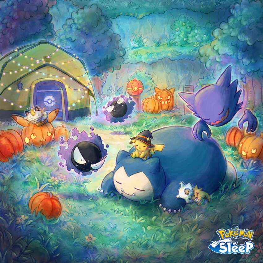 black_headwear clothed_pokemon commentary_request cubone floating gastly gen_1_pokemon gengar grass hat haunter jack-o&#039;-lantern logo meowth night nintendo no_bra official_art outdoors pikachu pokemon pokemon_(creature) pokemon_sleep pumpkin sleeping snorlax sowsow string_lights tent tree witch_hat