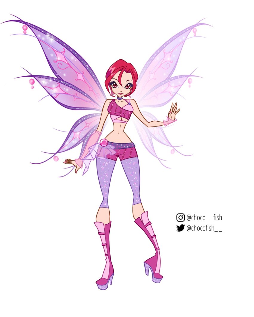 1girl arm_warmers bad_id bad_twitter_id bare_shoulders believix boots chocofish choker closed_mouth collarbone commentary crop_top english_commentary eyelashes fairy fairy_wings full_body hair_between_eyes happy high_heel_boots high_heels highres instagram_username knee_boots layered_shirt leggings lipstick magical_girl makeup midriff nail_polish navel oversized_wings pants_under_shorts pink_arm_warmers pink_boots pink_nails pink_shirt pink_shorts pink_wrist_cuffs purple_choker purple_leggings purple_wings red_eyes red_hair red_lips ribs see-through_clothes see-through_wrist_cuffs shirt short_hair short_shorts shorts simple_background single_arm_warmer single_wrist_cuff sleeveless sleeveless_shirt smile solo standing striped_clothes striped_shorts twitter_username vertical-striped_clothes vertical-striped_shorts w.i.t.c.h. watermark white_background will_vandom wings winx_club wrist_cuffs