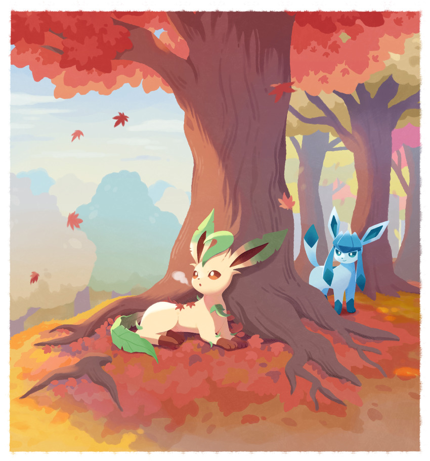 autumn breath bright_pupils brown_eyes commentary_request day falling_leaves gen_4_pokemon glaceon highres leaf leafeon looking_up lying ma-hain-scarlet nintendo no_humans outdoors pokemon pokemon_(creature) sky standing tree white_pupils