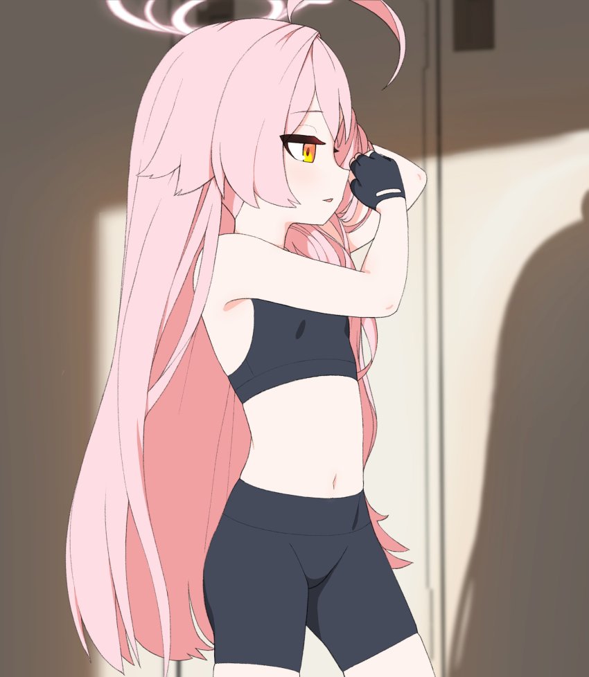 1girl ahoge arms_up bike_shorts black_shorts black_sports_bra blue_archive brown_eyes fingerless_gloves from_side gloves highres hoshino_(blue_archive) kutsusama long_hair midriff navel pink_hair shorts solo sports_bra thighs