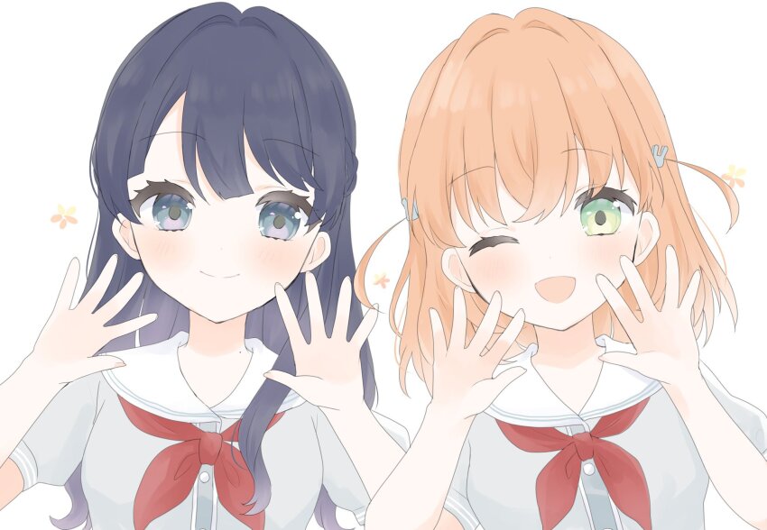 2girls ;d blue_eyes blue_hair braid closed_mouth dress green_eyes grey_dress half_up_braid half_updo hands_up hasu_no_sora_school_uniform highres hinoshita_kaho link!_like!_love_live! looking_at_viewer love_live! multiple_girls murano_sayaka neckerchief one_eye_closed open_hands open_mouth orange_hair puffy_short_sleeves puffy_sleeves red_neckerchief sailor_collar school_uniform short_sleeves simple_background smile split_mouth summer_uniform umi_(nana_spring) upper_body virtual_youtuber white_background white_sailor_collar
