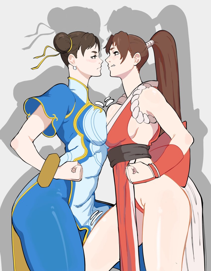 2girls akiman_pose bad_tag breast_press breasts brown_eyes brown_hair capcom chinese_clothes chun-li clenched_hands crossover female_focus hair_bun highres large_breasts long_hair looking_at_another multiple_girls ninja octavius_(octavius_dp) ponytail shiranui_mai short_hair side_slit staring street_fighter street_fighter_6 symmetrical_docking