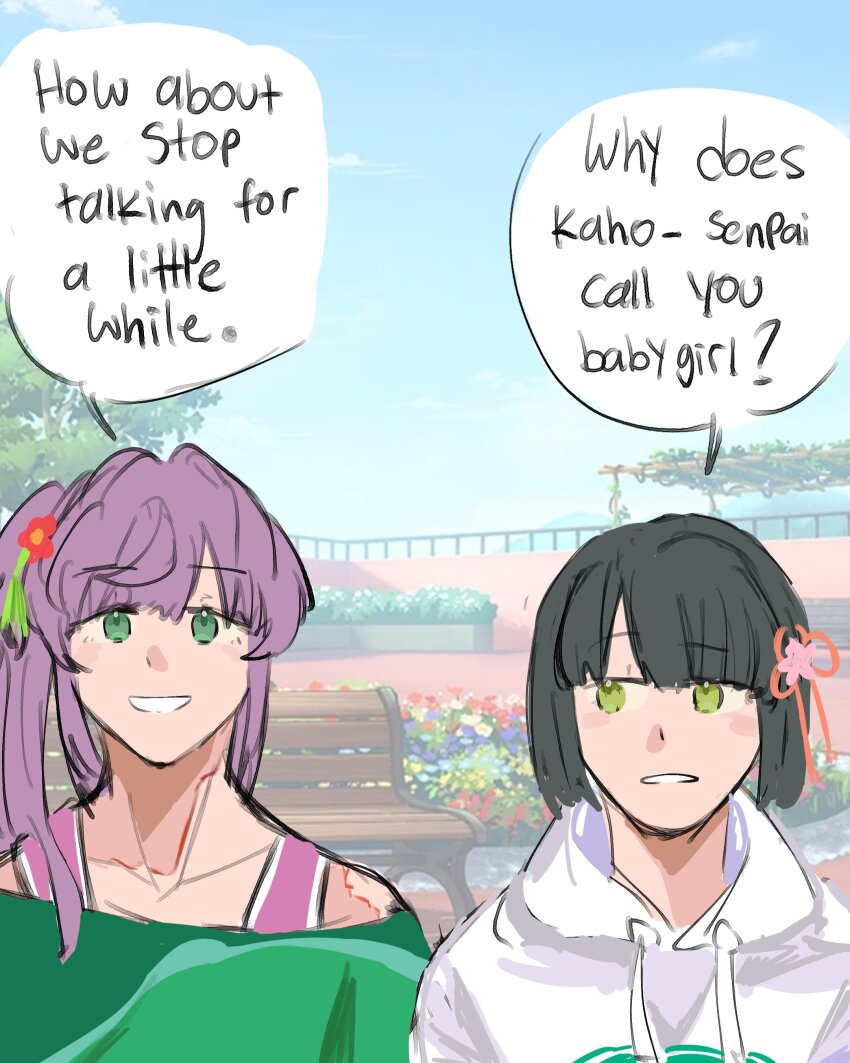 2girls :d absurdres black_hair blue_sky blunt_bangs blunt_ends commentary english_commentary english_text flower flower_knot game_screenshot_background green_eyes green_shirt hair_bun hair_flower hair_ornament highres hood hoodie kepitingtiga link!_like!_love_live! long_hair looking_at_another love_live! meme momose_ginko momose_ginko_(summer_training_wear) multiple_girls off-shoulder_shirt off_shoulder open_mouth otomune_kozue otomune_kozue_(summer_training_wear) purple_hair purple_tank_top red_flower screenshot_background shirt short_hair side_ponytail sidelocks single_side_bun sky smile speech_bubble tank_top upper_body virtual_youtuber white_hoodie why_does_x_call_you_babygirl?_(meme)