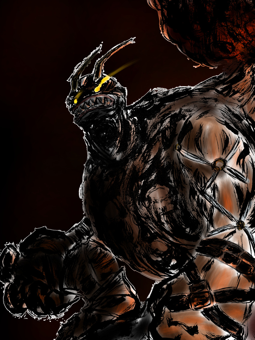 absurdres ancientvolcamon belt digimon digimon_(creature) highres horns mask sharp_teeth teeth ten_legendary_warriors yellow_eyes