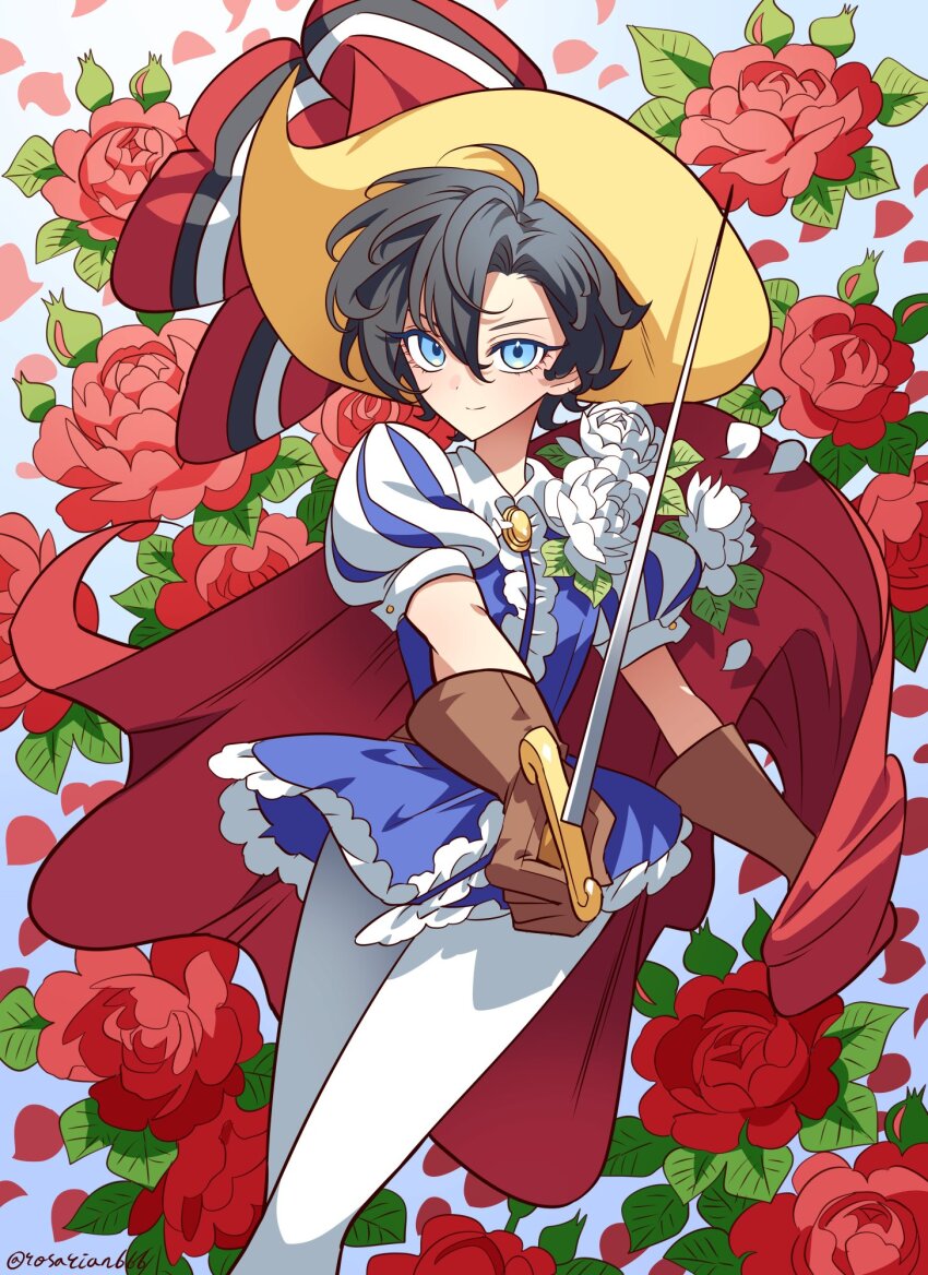 1girl black_hair blue_eyes brown_gloves cape commentary epee floral_background flower gloves highres holding holding_sword holding_weapon looking_at_viewer meremero pants princess_sapphire puffy_short_sleeves puffy_sleeves red_cape red_flower ribbon_no_kishi short_hair short_sleeves solo sword twitter_username weapon white_pants