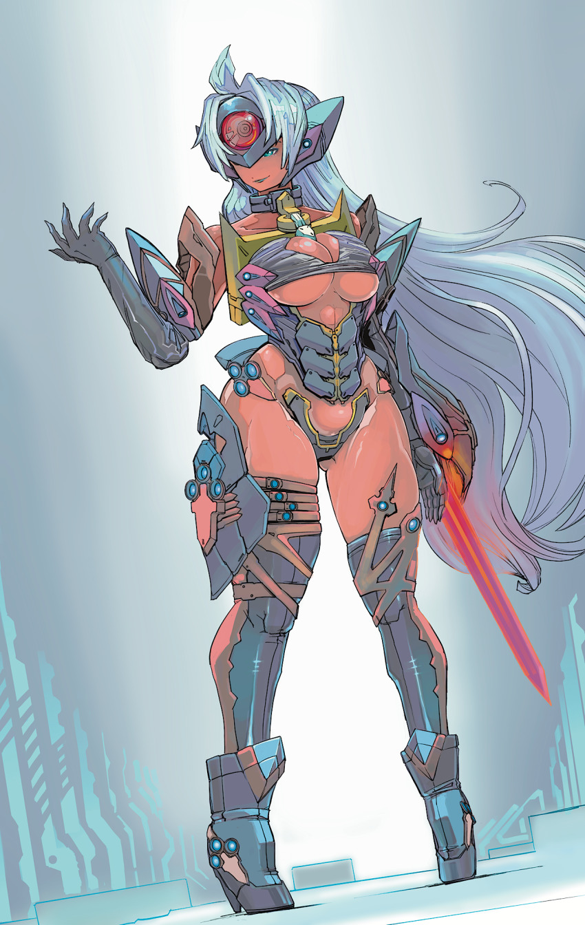 1girl android bare_shoulders blue_eyes breasts cleavage cyborg dark-skinned_female dark_skin elbow_gloves female_focus full_body gloves highres large_breasts long_hair looking_at_viewer simple_background smile solo sword t-elos t-elos_re: thighhighs underboob very_long_hair weapon xenosaga yamanushi