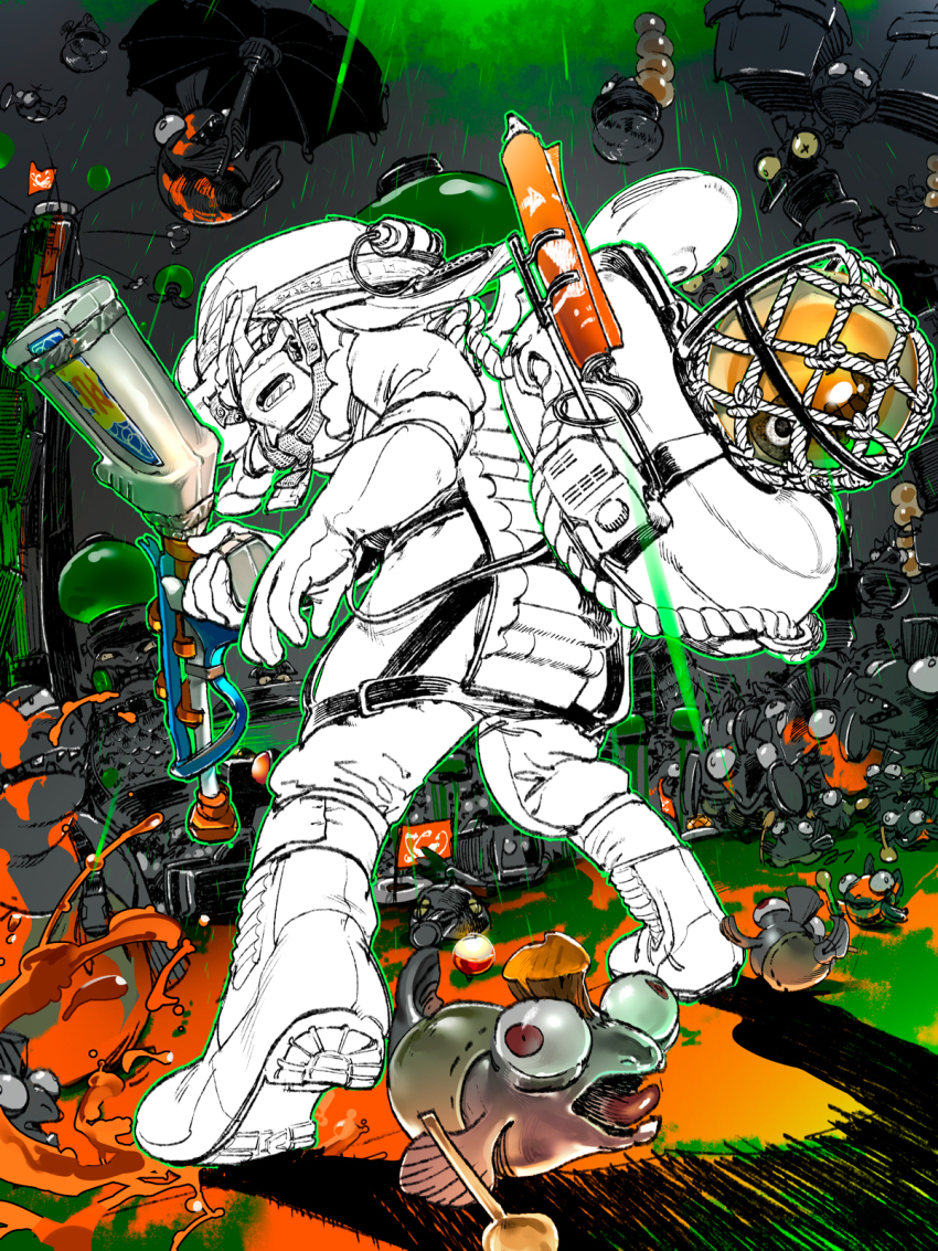 1girl big_shot_(splatoon) boots braid chum_(splatoon) drizzler_(splatoon) fish_stick_(splatoon) flyfish_(splatoon) gloves golden_egg_(splatoon) hat highres ink inkling inkling_girl inkling_player_character kane_mune lifebuoy nintendo outdoors partially_colored rain salmon_run_(splatoon) salmonid smallfry_(splatoon) splatoon_(series) splatoon_3 squiffer_(splatoon) steelhead_(splatoon) swim_ring