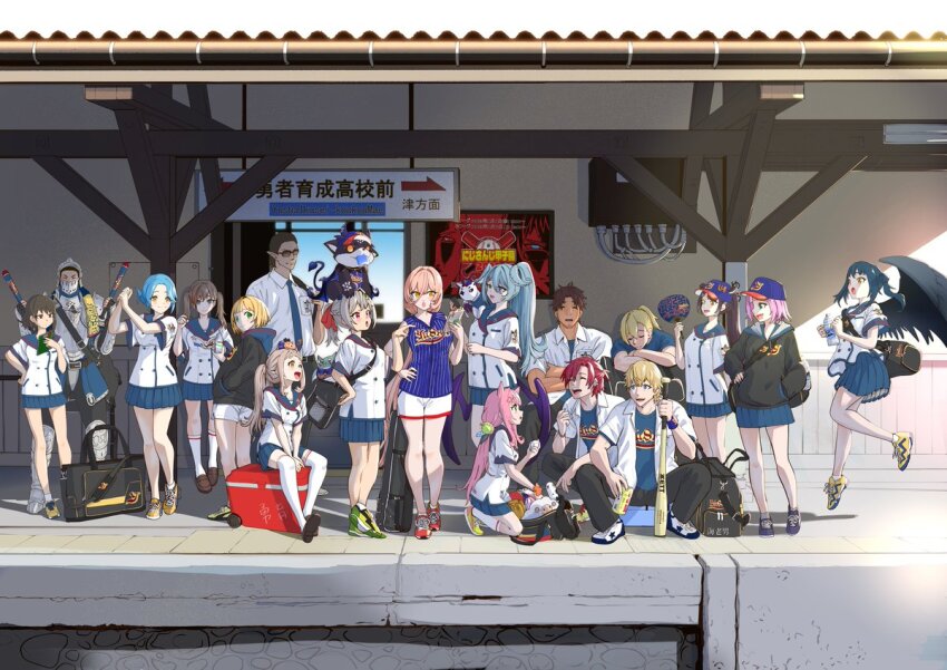baseball_bat baseball_cap baseball_uniform belmond_banderas debidebi_debiru elira_pendora ex_albio gwelu_os_gar ha_yun hand_fan hat hayama_marin holding holding_fan kurusu_natsume machita_chima maimoto_keisuke moira_(nijisanji) naruse_naru nijisanji nijisanji_en nijisanji_kr nui_sociere pleated_skirt razwuu_(razwu3) school_uniform skirt sportswear squatting sunglasses suzuya_aki tenkai_tsukasa train_station twintails umise_yotsuha virtual_youtuber wings yamagami_karuta yang_nari yuuhi_riri