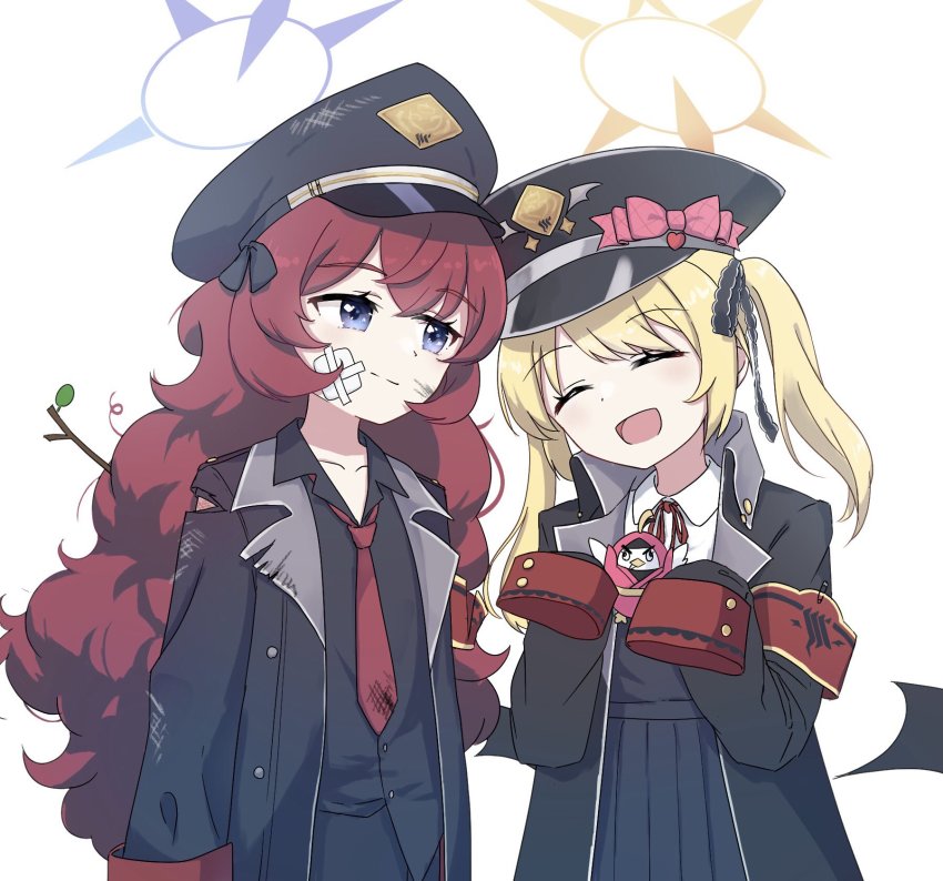 2girls bandages black_eyes black_headwear black_jacket black_shirt blonde_hair blue_archive book doll hair_between_eyes halo hat hat_ribbon highres humichika ibuki_(blue_archive) iroha_(blue_archive) jacket long_hair long_sleeves multiple_girls necktie open_clothes open_jacket peroro_(blue_archive) red_hair red_necktie ribbon shirt simple_background smile torn_clothes twig twintails very_long_hair white_background wings