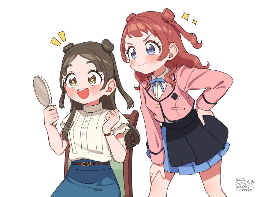2girls alternate_hairstyle belt black_skirt blue_eyes blue_ribbon blue_skirt blush brown_belt brown_eyes brown_hair chair closed_mouth cowboy_shot double_bun gakuen_idolmaster hair_bun hanami_saki hand_on_own_hip hatsuboshi_gakuen_school_uniform highres holding holding_mirror idolmaster jacket kuramoto_china layered_skirt long_hair long_sleeves looking_at_mirror mameragi mirror multiple_girls neck_ribbon notice_lines on_chair open_mouth parted_bangs pink_jacket pleated_skirt ribbon school_uniform shirt short_sleeves signature simple_background skirt smile sparkle star_(symbol) star_in_eye symbol_in_eye teeth two_side_up upper_teeth_only v-shaped_eyebrows very_long_hair watch white_background white_shirt wristwatch
