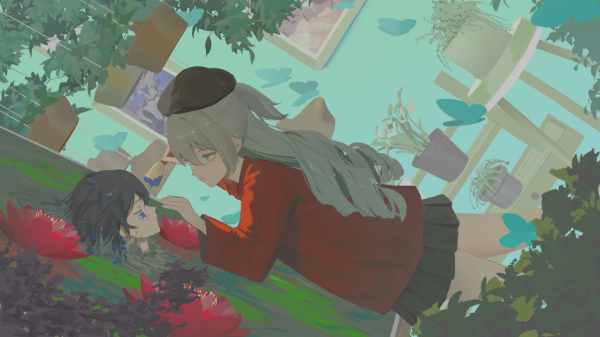1boy 1girl absurdres black_hair black_skirt bronya_zaychik calligraphy_brush closed_eyes closed_mouth coat commentary_request drill_hair dutch_angle feet_out_of_frame flower flower_pot hair_between_eyes hat head highres honkai_(series) honkai_impact_3rd indoors ink light_brown_hair long_hair paintbrush painting_(action) picture_frame plant pleated_skirt red_coat seele_vollerei short_hair sidelocks skirt standing vase wall yukizawa_xueze