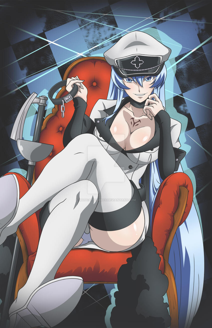 1girl absurdres akame_ga_kill! blue_eyes blue_hair breasts cleavage collarbone esdeath hat highres large_breasts long_hair madcatstudios matching_hair/eyes peaked_cap smile solo thighhighs
