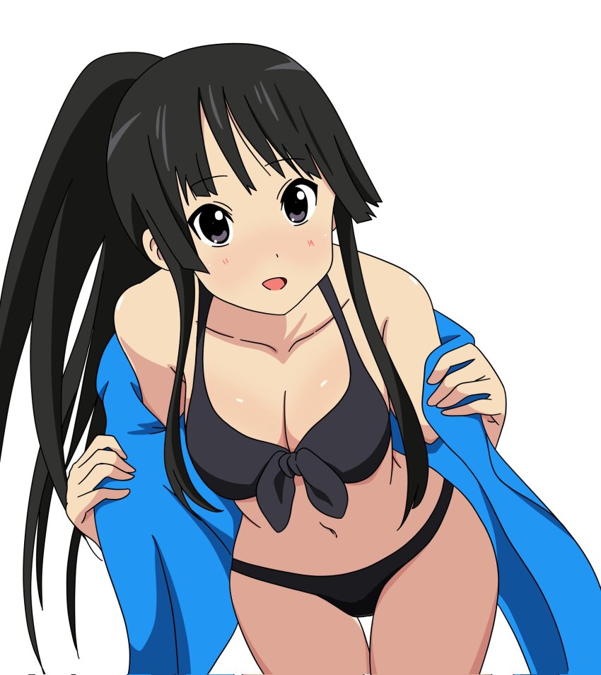 1girl akiyama_mio bare_shoulders bikini black_bikini black_hair blush breasts cleavage collarbone dot_nose female_focus highres jacket k-on! legs long_hair medium_breasts navel nekonopapa open_clothes open_jacket open_mouth simple_background solo standing swimsuit undressing white_background