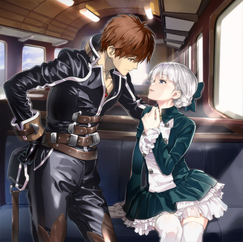 1boy 1girl alice_elliot brown_hair closed_mouth dress gloves jewelry manly necklace nyoro_(nyoronyoro000) shadow_hearts short_hair silver_hair skirt smile thighhighs white_thighhighs yuri_hyuga