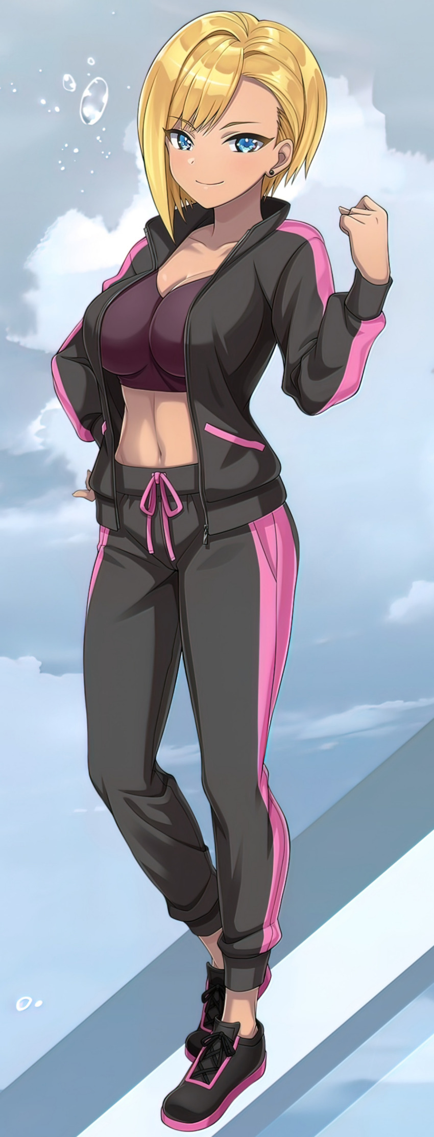 1girl absurdres blonde_hair blue_eyes dark-skinned_female dark_skin dolphin_wave earrings highres jewelry murahaya_mashio official_art ootomo_takuji smile solo transparent_background