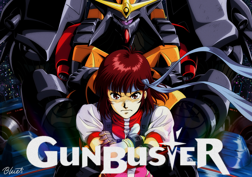 1980s_(style) 1girl blue_headband brown_eyes buru-dai commentary_request copyright_name crossed_arms elbow_pads frown gloves gunbuster headband highres mecha medium_hair official_style oldschool puffy_short_sleeves puffy_sleeves red_eyes retro_artstyle robot short_sleeves signature takaya_noriko top_wo_nerae! top_wo_nerae!_(series) yellow_gloves