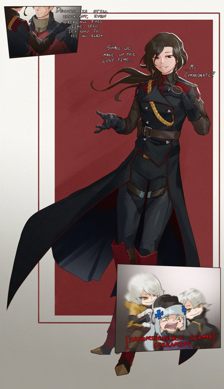 1boy 416_day 4girls absurdres agent_vector_(girls&#039;_frontline) baseball_cap black_coat black_hair black_hat black_jacket black_pants blue_hair boots coat commentary dual_persona english_commentary english_text facial_hair girls&#039;_frontline girls&#039;_frontline_2:_exilium goatee_stubble green_eyes grey_hair hat high_heel_boots high_heels highres hk416_(girls&#039;_frontline) jacket klukai_(girls&#039;_frontline_2) long_hair looking_at_viewer luzaitis mechanical_arms mondragon_m1908_(girls&#039;_frontline) multicolored_jacket multiple_girls open_mouth orange_eyes pants parted_lips prosthesis prosthetic_arm red_eyes red_jacket short_hair simple_background smile stubble tattoo teardrop_facial_mark teardrop_tattoo two-tone_jacket vector_(girls&#039;_frontline) vector_(girls&#039;_frontline_2) white_background