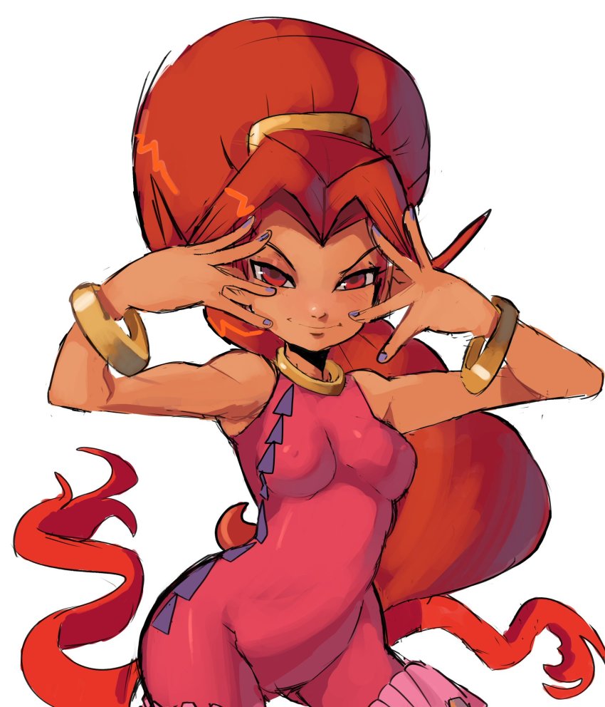 1girl arched_back bodysuit bracelet breasts choker dark-skinned_female dark_skin davenextdoor_(justdavefnd) din highres jewelry long_hair matching_hair/eyes medium_breasts nail_polish nintendo parted_bangs pointy_ears ponytail red_eyes red_hair skin_tight sleeveless smile the_legend_of_zelda the_legend_of_zelda:_oracle_of_seasons thighs very_long_hair wide_sleeves