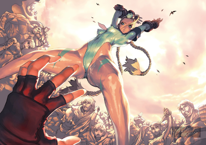 1990s_(style) arms_up bald bare_shoulders blonde_hair blue_eyes blue_leotard bodypaint braid breasts cammy_white camouflage capcom cape chinese_clothes chun-li cody_travers company_connection crossover double_bun dougi dress eyepatch fingerless_gloves garrison_cap gloves hair_bun hat headband highleg highleg_leotard highres kasugano_sakura ken_masters kim_hyung_tae legs leotard long_hair looking_at_viewer m._bison mask medium_breasts multiple_boys multiple_girls muscular out_of_frame peaked_cap pov prison_clothes rainbow_mika red_gloves retro_artstyle ribbed_leotard ryu_(street_fighter) sagat scan scar school_uniform serafuku short_hair sky smile solo_focus spread_legs street_fighter street_fighter_zero_(series) thighs thong_leotard twin_braids twintails very_long_hair wrestling_outfit
