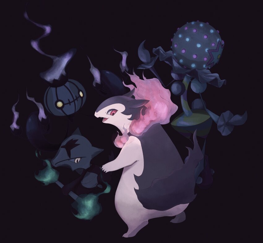absurdres alolan_form alolan_marowak blacephalon black_background chandelure commentary_request fangs fire fireblast gen_5_pokemon gen_7_pokemon glowing highres hisuian_typhlosion nintendo no_humans open_mouth pink_fire pokemon pokemon_(creature) purple_fire red_eyes simple_background ultra_beast yellow_eyes