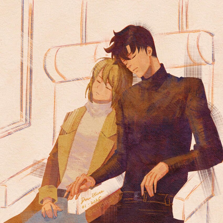 1boy 1girl airplane_interior belt black_hair black_sweater blonde_hair breasts cha_hae-in closed_mouth dated head_rest highres holding_hands jacket medium_hair painting_(medium) short_hair signature sitting sleeping small_breasts solo_leveling sung_jin-woo sweater traditional_media white_sweater yellow_jacket zeldin