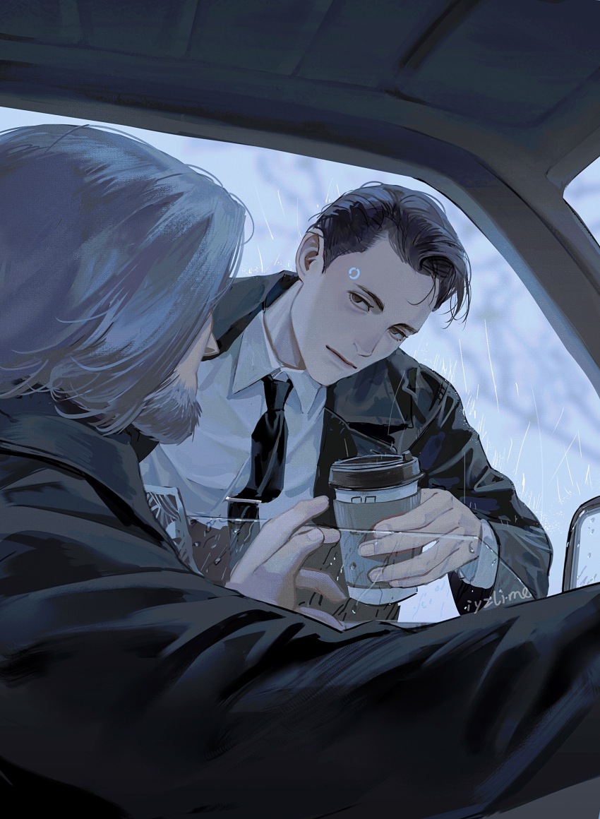 2boys absurdres arm_up bare_tree beard black_jacket black_necktie brown_eyes car car_interior chinese_commentary collared_shirt commentary_request connor_(detroit) cup detroit:_become_human disposable_coffee_cup disposable_cup facial_hair grey_hair hank_anderson highres holding holding_cup iyzlime jacket lapels layered_sleeves long_sleeves looking_at_another male_focus motor_vehicle multiple_boys necktie notched_lapels open_clothes open_jacket rain shirt sideburns suit_jacket tree wet wet_hair white_shirt wing_collar