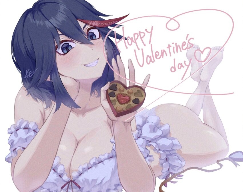 1girl absurdres artist_name ass barefoot black_hair blue_eyes blush breasts candy chocolate chocolate_heart cleavage food heart heart-shaped_food highres kenosousaku kill_la_kill large_breasts life_fiber lingerie looking_at_viewer lying matoi_ryuuko multicolored_hair panties red_hair revealing_clothes short_hair signature smile solo streaked_hair two-tone_hair underwear valentine