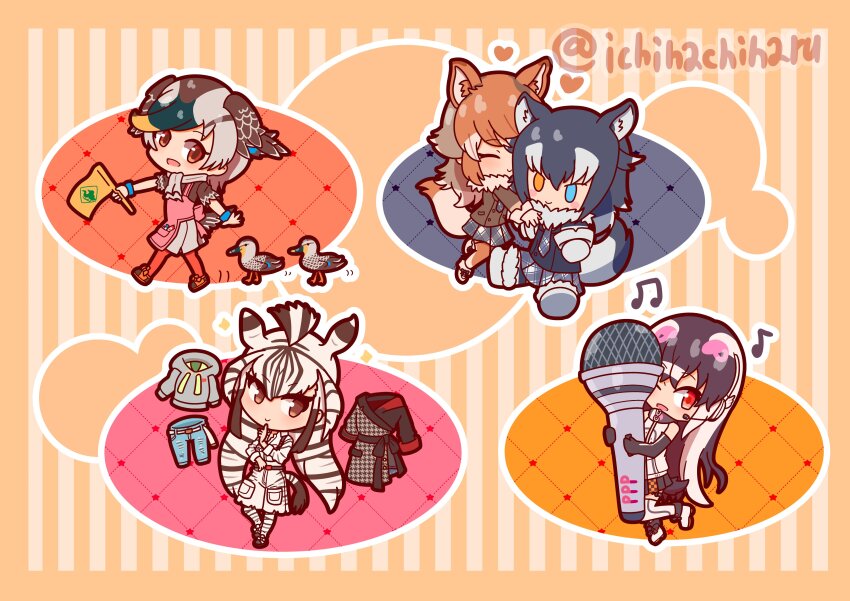 5girls absurdres african_penguin_(kemono_friends) animal animal_ears animal_print bird bird_girl bird_tail bird_wings black_hair brown_hair chapman&#039;s_zebra_(kemono_friends) commentary_request extra_ears feathered_wings flag grey_hair grey_wolf_(kemono_friends) head_wings heterochromia highres ichihachiharu italian_wolf_(kemono_friends) kemono_friends kemono_friends_v_project long_hair looking_at_viewer microphone multiple_girls one_eye_closed orange_background penguin_girl penguin_tail short_hair simple_background spot-billed_duck_(kemono_friends) tail virtual_youtuber wings wolf_ears wolf_girl wolf_tail zebra_ears zebra_girl zebra_print zebra_tail