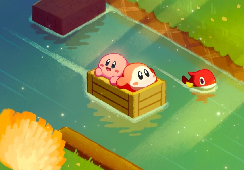:d aruco_co box fish highres in_box in_container kirby kirby_(series) nintendo open_mouth outdoors river smile sunlight waddle_dee