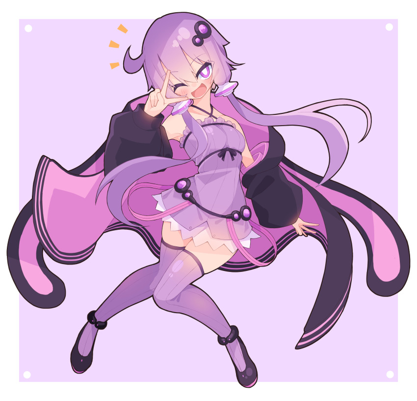 1girl absurdres border criss-cross_halter dress emphasis_lines full_body hair_ornament halterneck highres hoshi_shimeji_(yuki-e-toriusu1) long_hair looking_at_viewer one_eye_closed outside_border purple_background purple_dress purple_hair purple_theme smile solo v voiceroid white_border yuzuki_yukari