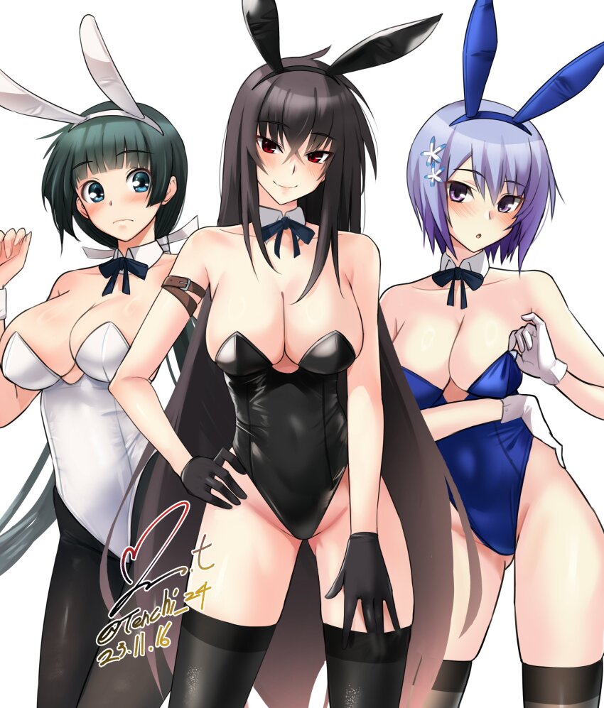 3girls animal_ears arm_strap bare_shoulders black_bow black_bowtie black_hair black_hairband black_leotard black_pantyhose black_sleeves black_thighhighs blue_eyes blue_hair blue_leotard blue_ribbon blunt_bangs blush bow bowtie breasts brown_thighhighs cleavage closed_mouth commentary_request crossed_bangs dated detached_collar fake_animal_ears feet_out_of_frame gloves hair_between_eyes hairband hand_on_own_hip highres kawakami_momoyo large_breasts leotard long_hair looking_at_viewer low_twintails maji_de_watashi_ni_koi_shinasai! mayuzumi_yukie medium_breasts multiple_girls neck_ribbon pantyhose playboy_bunny purple_eyes rabbit_ears rabbit_tail red_eyes ribbon shiina_miyako short_hair signature simple_background smile standing strapless strapless_leotard tail thighhighs twintails twitter_username very_long_hair white_background white_gloves white_leotard white_ribbon wrist_cuffs yoo_tenchi