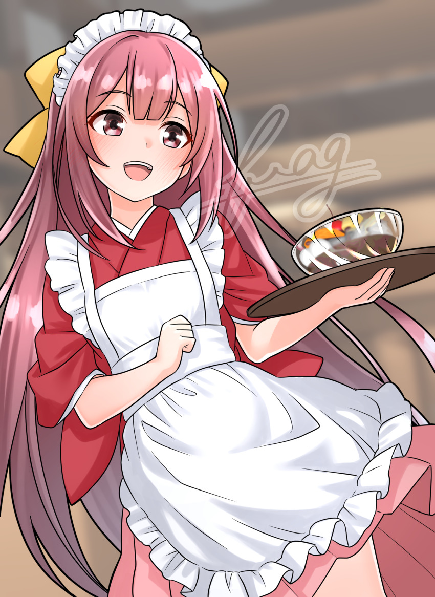 1girl :d absurdres apron blurry blurry_background blush bow bowl commentary_request furaggu_(frag_0416) hair_bow highres holding holding_tray japanese_clothes kamikaze_(kancolle) kamikaze_(valentine)_(kancolle) kantai_collection kimono maid maid_apron maid_headdress open_mouth pink_eyes pink_hair pink_skirt red_kimono short_sleeves skirt smile solo standing teeth thighs tongue tray upper_teeth_only variant_set yellow_bow