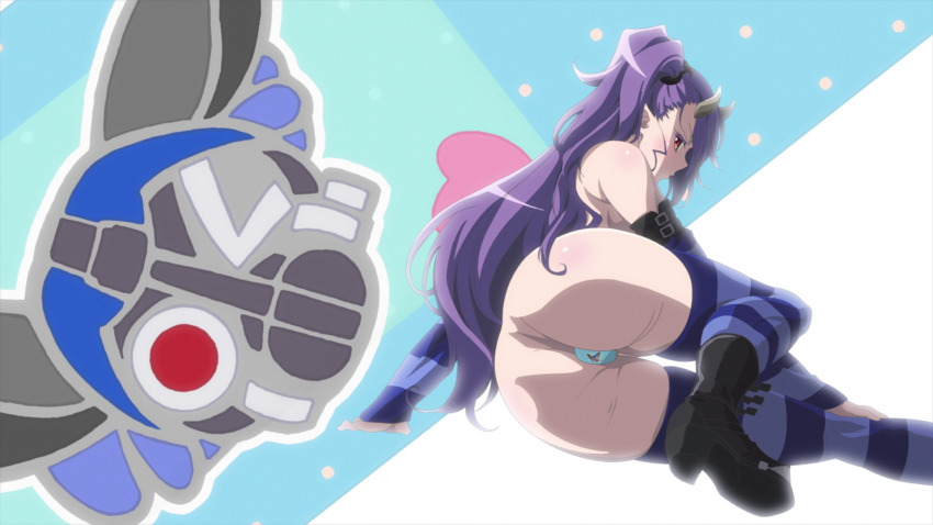 1girl anime_screenshot annoyed ass bandaid boots demon_girl demon_horns high_heels highres horns leviathan_(the_seven_deadly_sins) long_hair looking_at_viewer looking_back maebari no_panties purple_hair red_eyes shaded_face shirt sin_nanatsu_no_taizai socks the_seven_deadly_sins twintails