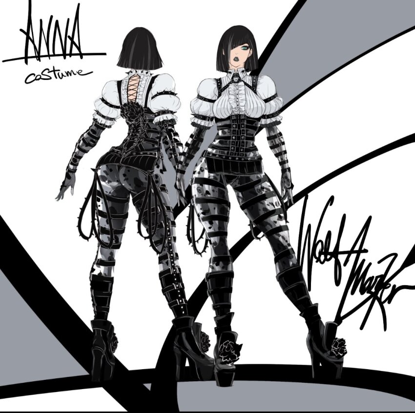 1girl anna_williams ass black_hair blue_eyes bob_cut breasts character_name high_heels makeup short_hair signature solo tekken thighhighs wolfmarker