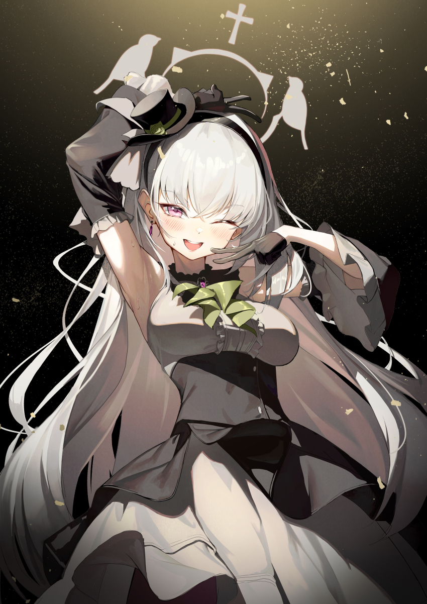 1girl absurdres arm_up armpits ascot black_dress black_gloves black_hat black_sleeves blue_archive blush breasts commentary crossed_bangs dampi detached_sleeves double_v dress frilled_sleeves frills gloves green_ascot grey_dress grey_hair hair_between_eyes hat highres large_breasts long_hair looking_at_viewer official_alternate_costume official_alternate_hairstyle one_eye_closed open_mouth purple_eyes sakurako_(blue_archive) sakurako_(idol)_(blue_archive) smile solo top_hat two-tone_dress v