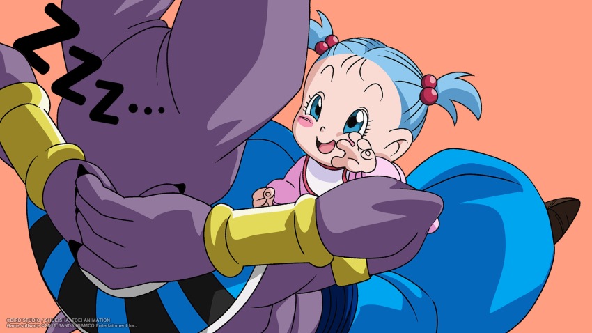 1boy 1girl absurdres animal_ears arms_behind_back artist_request baby beerus bib blue_eyes blue_hair blue_pants bra_(dragon_ball) cat_boy cat_ears claws colored_skin dragon_ball dragon_ball_super dragon_ball_super_broly dragon_ball_xenoverse from_behind furry furry_male game_cg gold_bracer hair_pulled_back highres indian_style loading_screen official_art official_wallpaper orange_background pants purple_skin sitting sleeping smile third-party_source twintails usekh_collar zzz