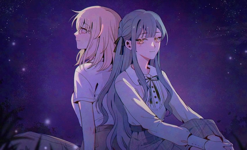 2girls back-to-back bang_dream! bang_dream!_it&#039;s_mygo!!!!! blonde_hair blue_hair braid brown_skirt closed_mouth commentary commission green_ribbon grey_skirt hair_between_eyes hair_ribbon highres long_hair long_sleeves looking_at_viewer maybecrosswise medium_hair misumi_uika multiple_girls plaid_clothes plaid_skirt purple_eyes ribbon shirt shirt_tucked_in short_sleeves sidelocks skirt sky star_(sky) starry_sky togawa_sakiko white_shirt yellow_eyes